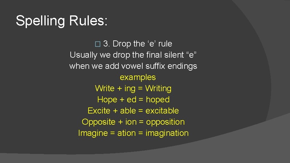 Spelling Rules: 3. Drop the ‘e’ rule Usually we drop the final silent “e”