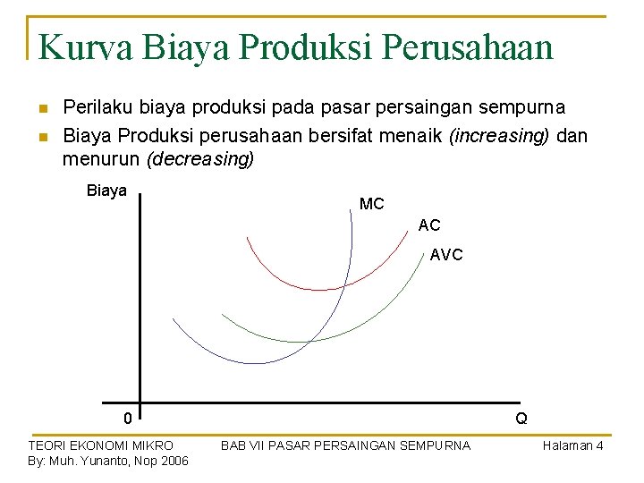 Kurva Biaya Produksi Perusahaan n n Perilaku biaya produksi pada pasar persaingan sempurna Biaya