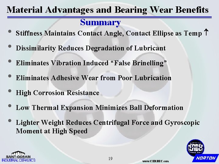 Material Advantages and Bearing Wear Benefits Summary • Stiffness Maintains Contact Angle, Contact Ellipse