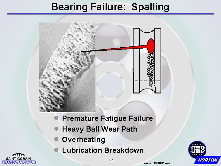 Bearing Failure: Spalling · Premature Fatigue Failure · Heavy Ball Wear Path · Overheating