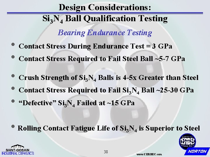 Design Considerations: Si 3 N 4 Ball Qualification Testing Bearing Endurance Testing • Contact