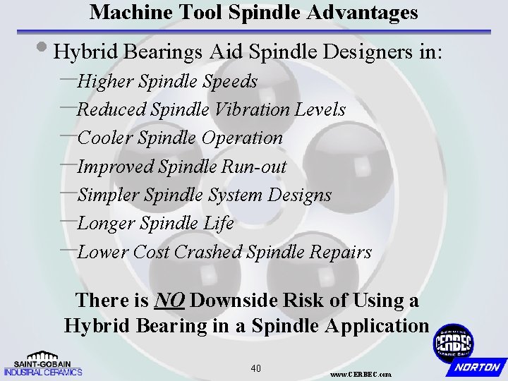 Machine Tool Spindle Advantages • Hybrid Bearings Aid Spindle Designers in: –Higher Spindle Speeds