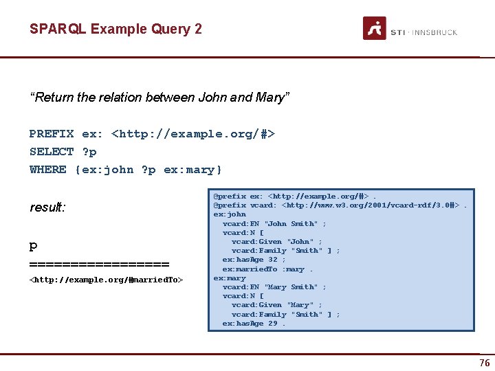 SPARQL Example Query 2 “Return the relation between John and Mary” PREFIX ex: <http: