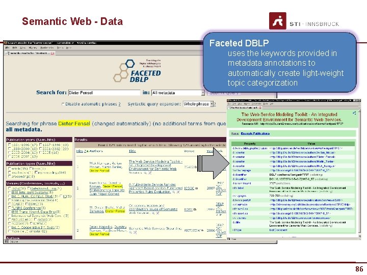 Semantic Web - Data Faceted DBLP uses the keywords provided in metadata annotations to