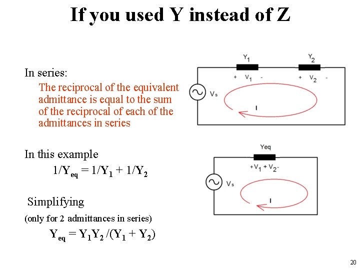 If you used Y instead of Z �In series: The reciprocal of the equivalent