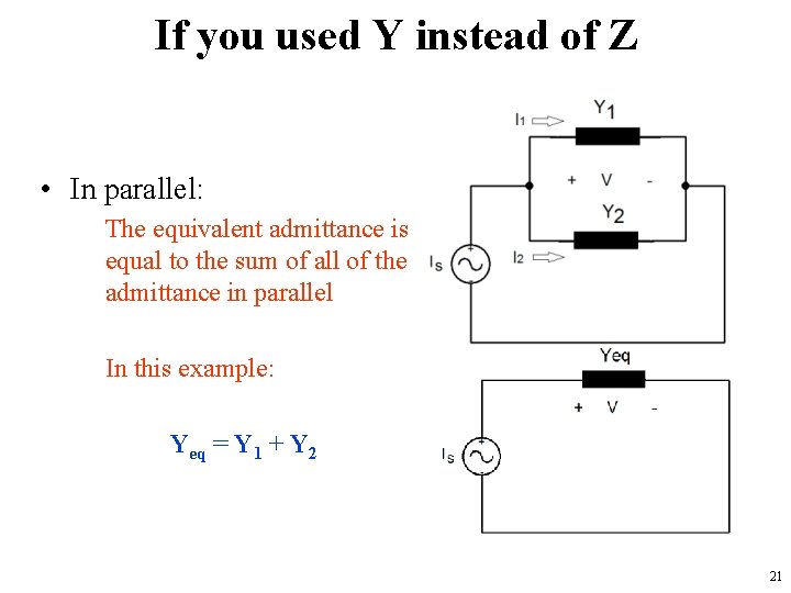 If you used Y instead of Z • In parallel: The equivalent admittance is