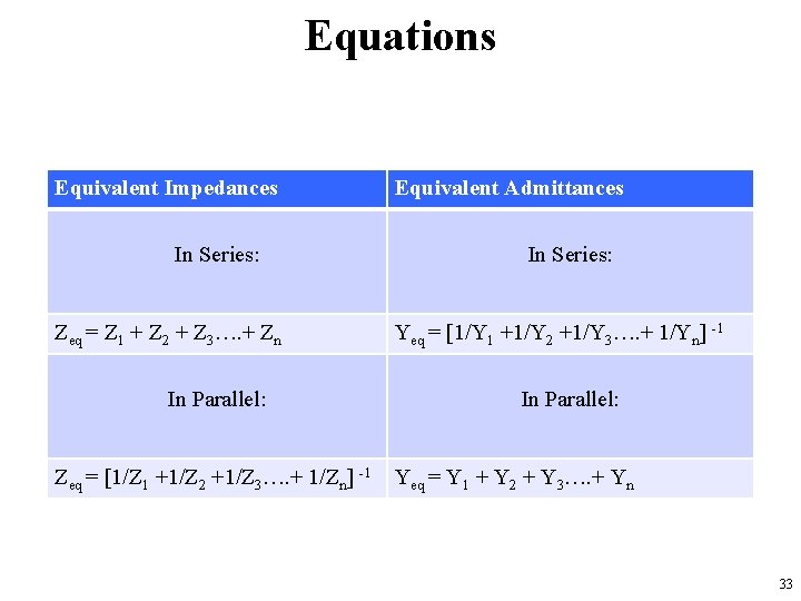 Equations Equivalent Impedances In Series: Zeq = Z 1 + Z 2 + Z