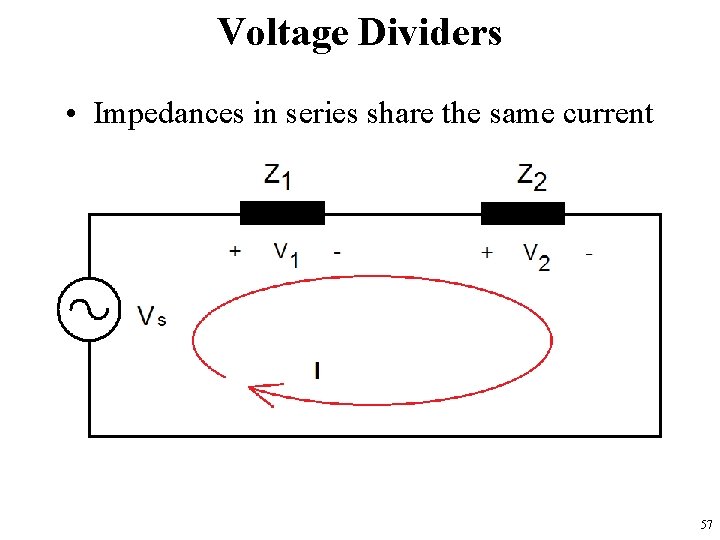 Voltage Dividers • Impedances in series share the same current 57 