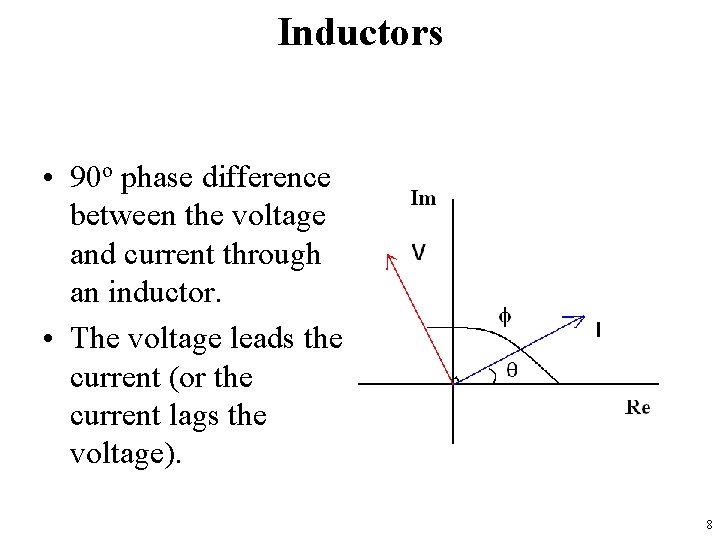 Inductors • 90 o phase difference between the voltage and current through an inductor.