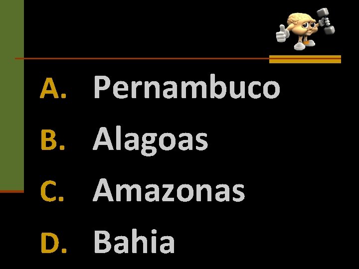 A. Pernambuco B. Alagoas C. Amazonas D. Bahia 
