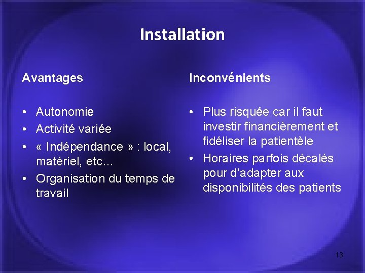 Installation Avantages Inconvénients • Autonomie • Activité variée • « Indépendance » : local,