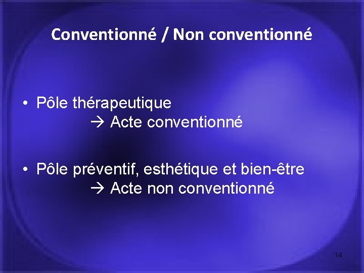 Conventionné / Non conventionné • Pôle thérapeutique Acte conventionné • Pôle préventif, esthétique et