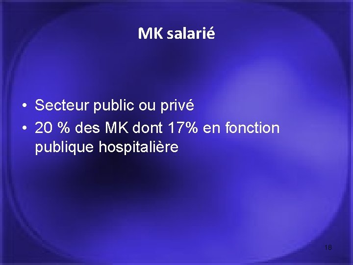 MK salarié • Secteur public ou privé • 20 % des MK dont 17%