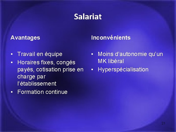 Salariat Avantages Inconvénients • Travail en équipe • Horaires fixes, congés payés, cotisation prise