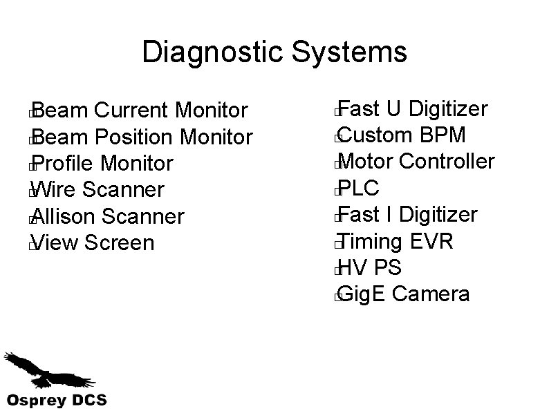 Diagnostic Systems Beam Current Monitor � Beam Position Monitor � Profile Monitor � Wire