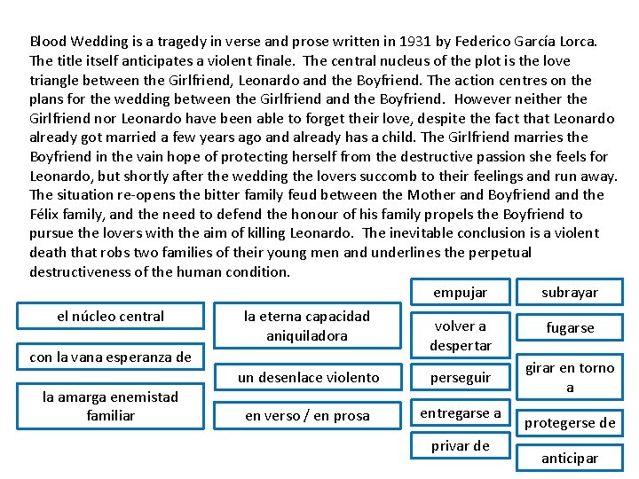 Blood Wedding is a tragedy in verse and prose written in 1931 by Federico Blood Wedding is a tragedy in verse and prose written in 1931 by Federico