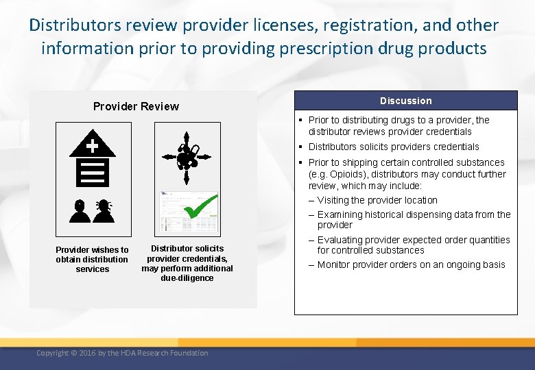 Distributors review provider licenses, registration, and other information prior to providing prescription drug products