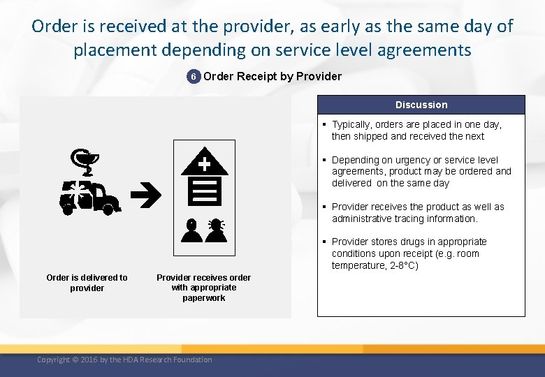 Order is received at the provider, as early as the same day of placement