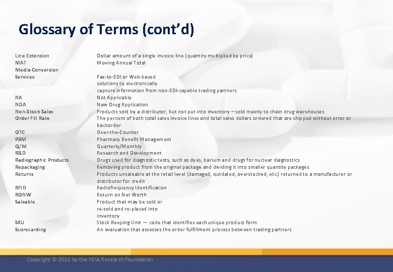 Glossary of Terms (cont’d) Line Extension MAT Media Conversion Services NA NDA Non-Stock Sales