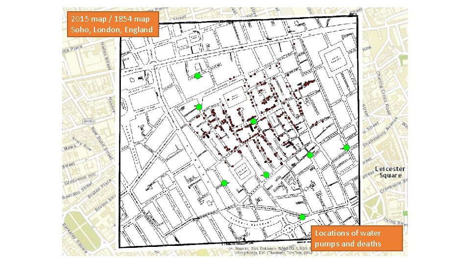 2015 map / 1854 map Soho, London, England Locations of water pumps and deaths