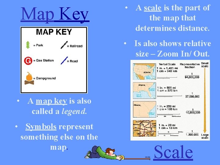 Map Key • A scale is the part of the map that determines distance.