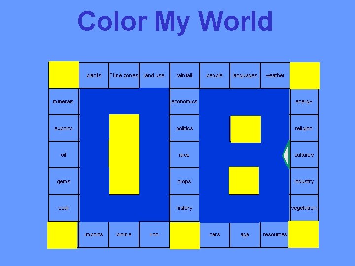 Color My World country plants Time zones land use rainfall people languages weather towns
