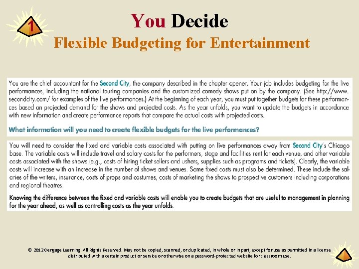 1 You Decide Flexible Budgeting for Entertainment © 2012 Cengage Learning. All Rights Reserved.