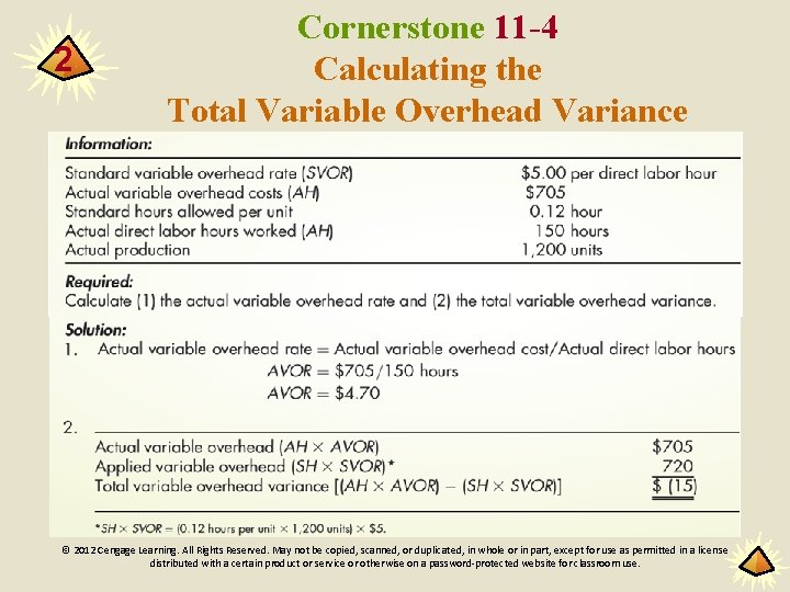 2 Cornerstone 11 -4 Calculating the Total Variable Overhead Variance © 2012 Cengage Learning.