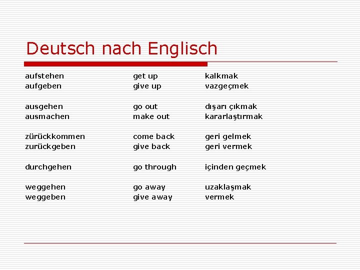 Deutsch nach Englisch aufstehen aufgeben get up give up kalkmak vazgeçmek ausgehen ausmachen go