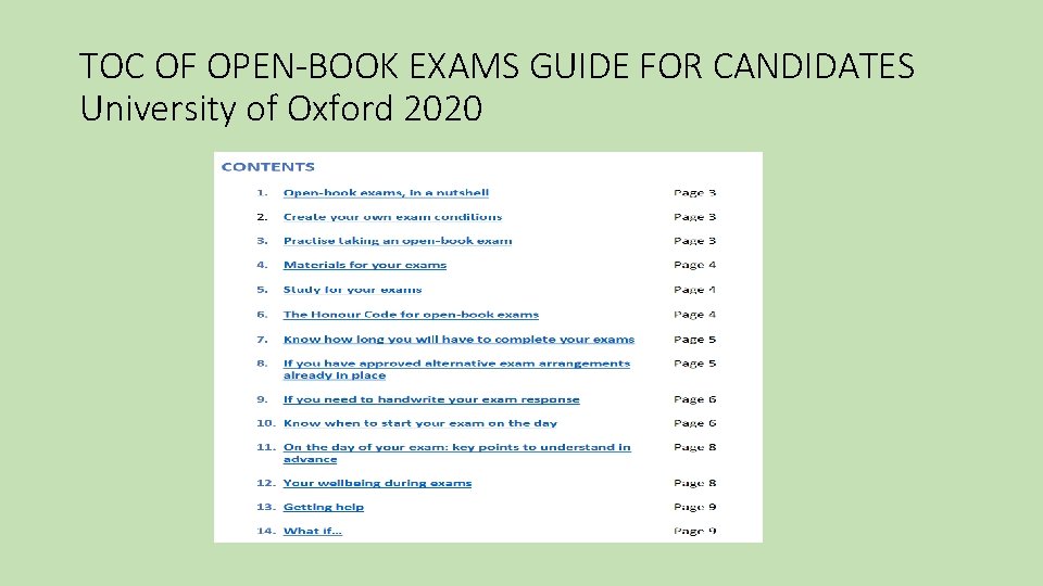 TOC OF OPEN-BOOK EXAMS GUIDE FOR CANDIDATES University of Oxford 2020 