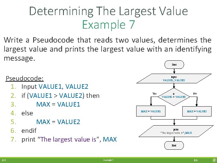 Determining The Largest Value Example 7 Write a Pseudocode that reads two values, determines