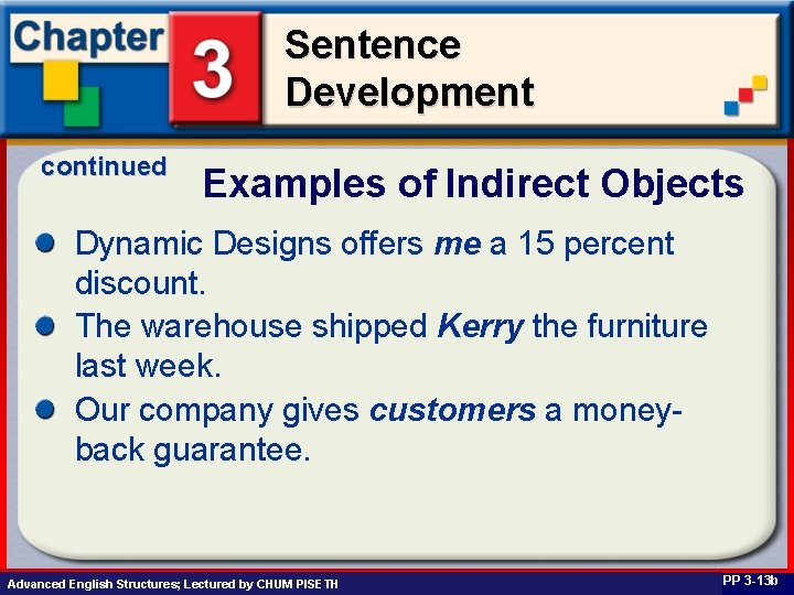 Sentence Development continued Examples of Indirect Objects Dynamic Designs offers me a 15 percent