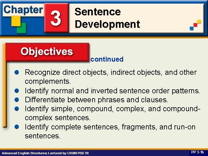 Sentence Development continued Recognize direct objects, indirect objects, and other complements. Identify normal and