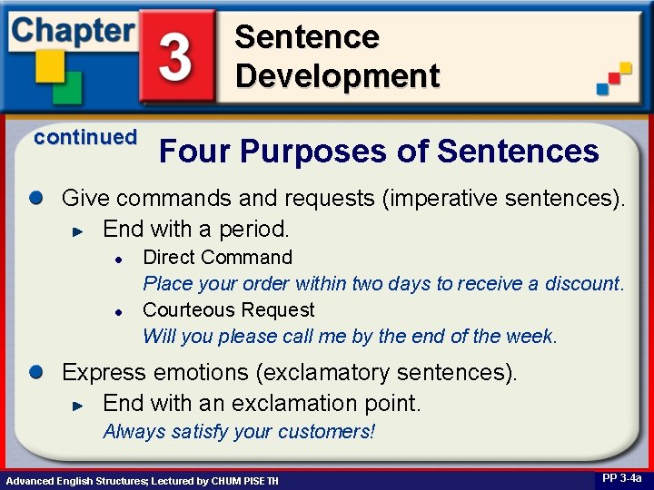 Sentence Development continued Four Purposes of Sentences Give commands and requests (imperative sentences). End