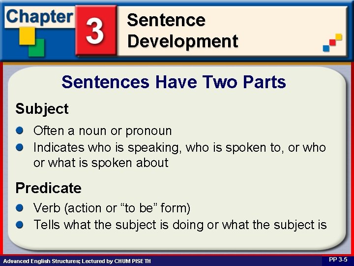 Sentence Development Sentences Have Two Parts Subject Often a noun or pronoun Indicates who