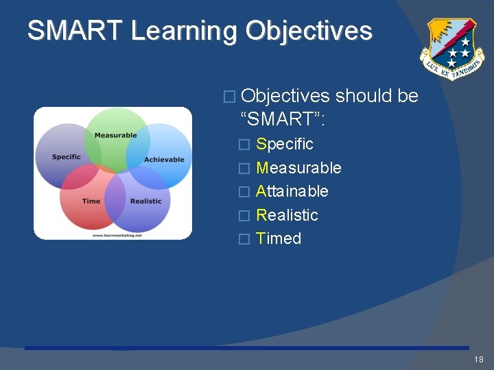 SMART Learning Objectives � Objectives should be “SMART”: � � � Specific Measurable Attainable