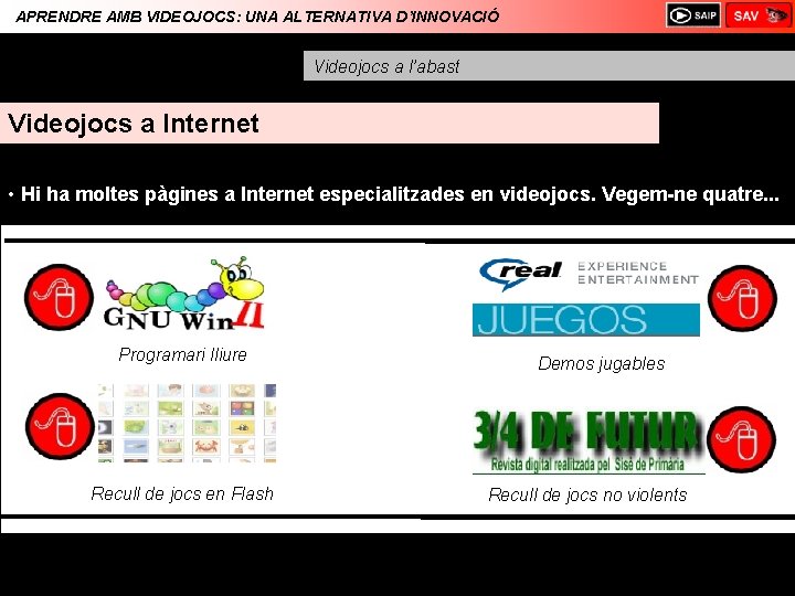 APRENDRE AMB VIDEOJOCS: UNA ALTERNATIVA D’INNOVACIÓ Videojocs a l’abast Videojocs a Internet • Hi