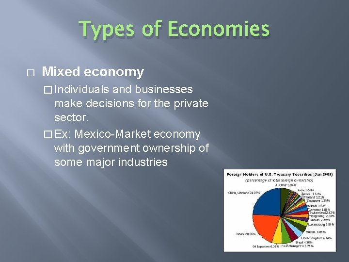 Types of Economies � Mixed economy � Individuals and businesses make decisions for the