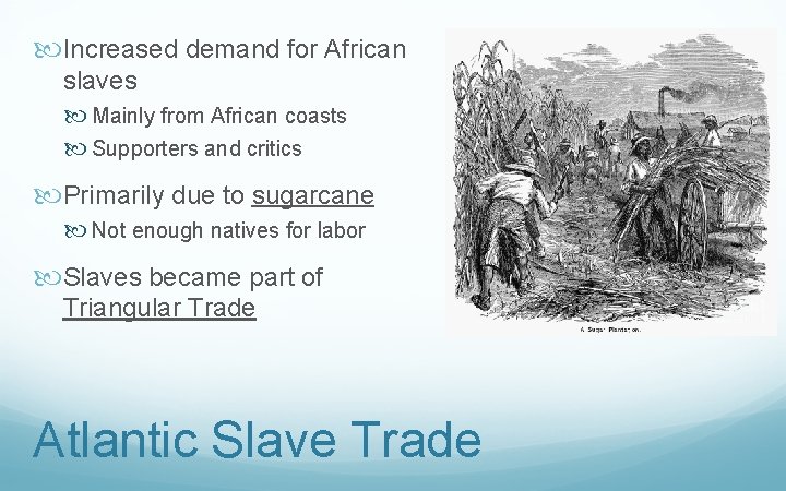  Increased demand for African slaves Mainly from African coasts Supporters and critics Primarily