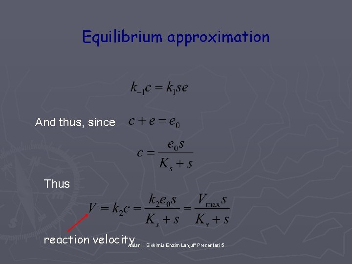Equilibrium approximation And thus, since Thus reaction velocity Aulani " Biokimia Enzim Lanjut" Presentasi