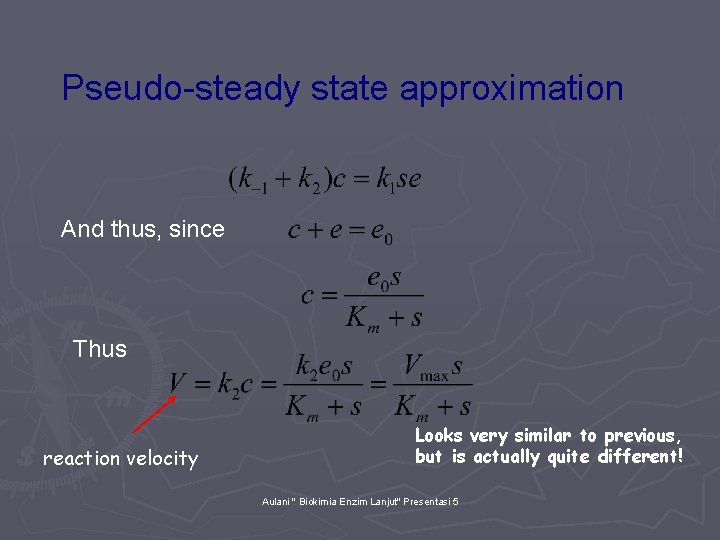 Pseudo-steady state approximation And thus, since Thus reaction velocity Looks very similar to previous,