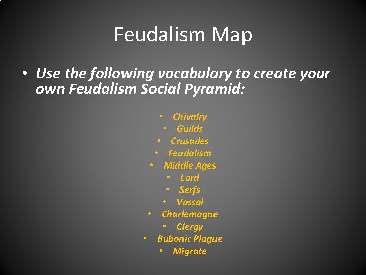 Feudalism Map • Use the following vocabulary to create your own Feudalism Social Pyramid: