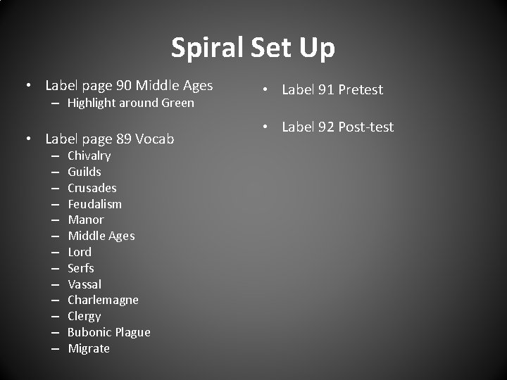 Spiral Set Up • Label page 90 Middle Ages – Highlight around Green •