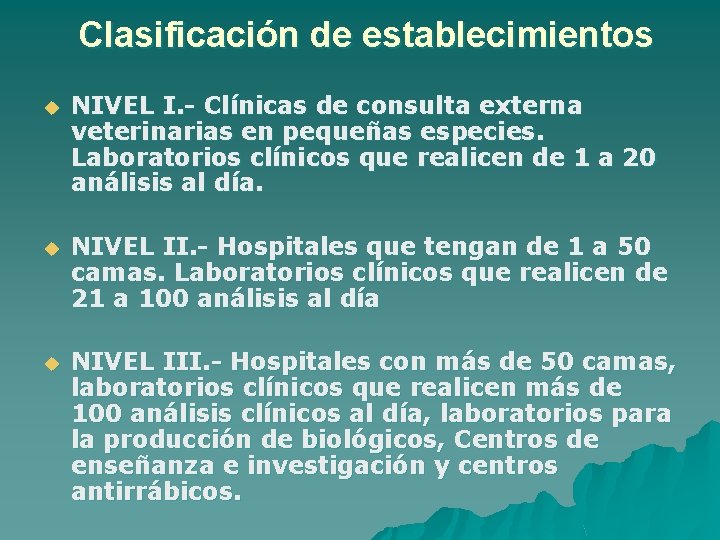 Clasificación de establecimientos u NIVEL I. - Clínicas de consulta externa veterinarias en pequeñas