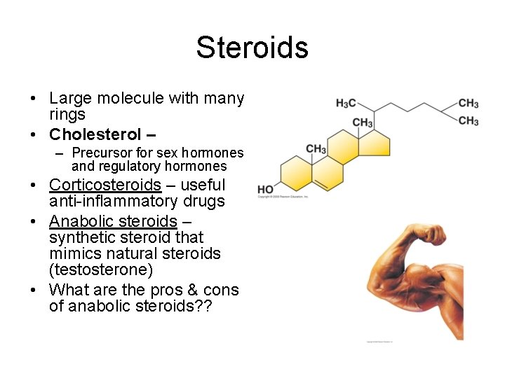 Steroids • Large molecule with many rings • Cholesterol – – Precursor for sex