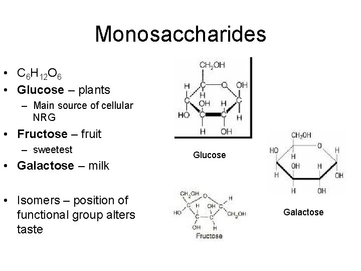 Monosaccharides • C 6 H 12 O 6 • Glucose – plants – Main