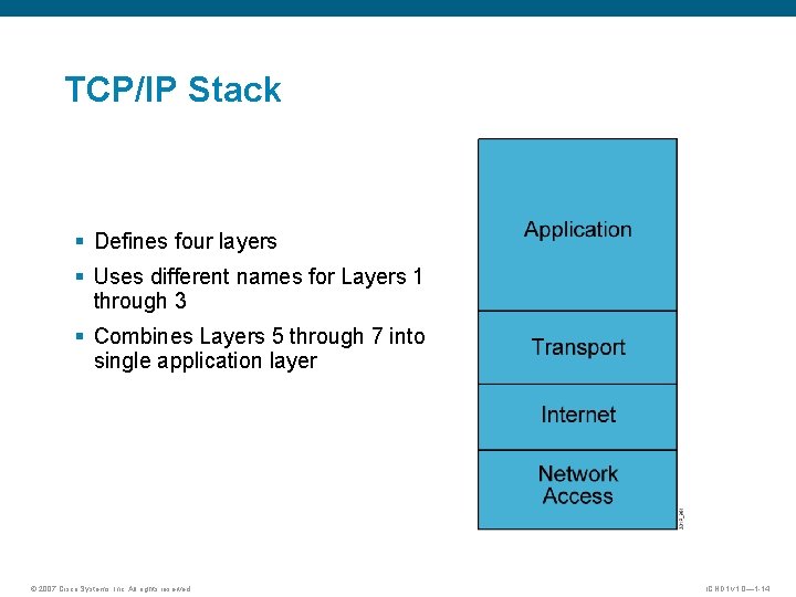 TCP/IP Stack § Defines four layers § Uses different names for Layers 1 through