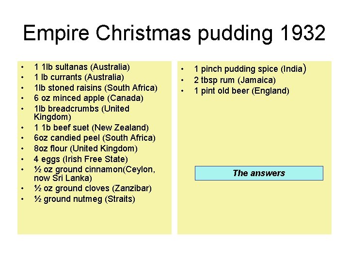 Empire Christmas pudding 1932 • • • 1 1 lb sultanas (Australia) 1 lb
