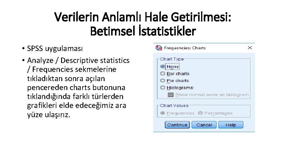 Verilerin Anlamlı Hale Getirilmesi: Betimsel İstatistikler • SPSS uygulaması • Analyze / Descriptive statistics