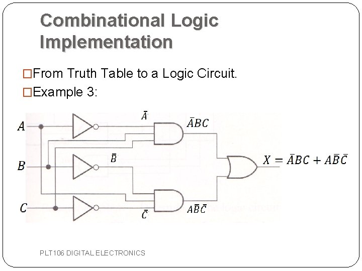 Combinational Logic Implementation �From Truth Table to a Logic Circuit. �Example 3: PLT 106